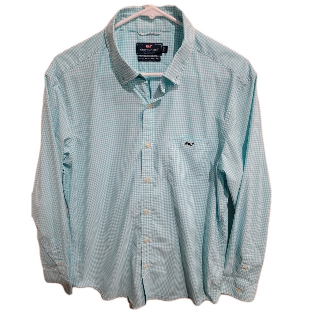 Vineyard Vines Performance Tucker Shirt Mens Large Aqua Blue Gingham Stretch L